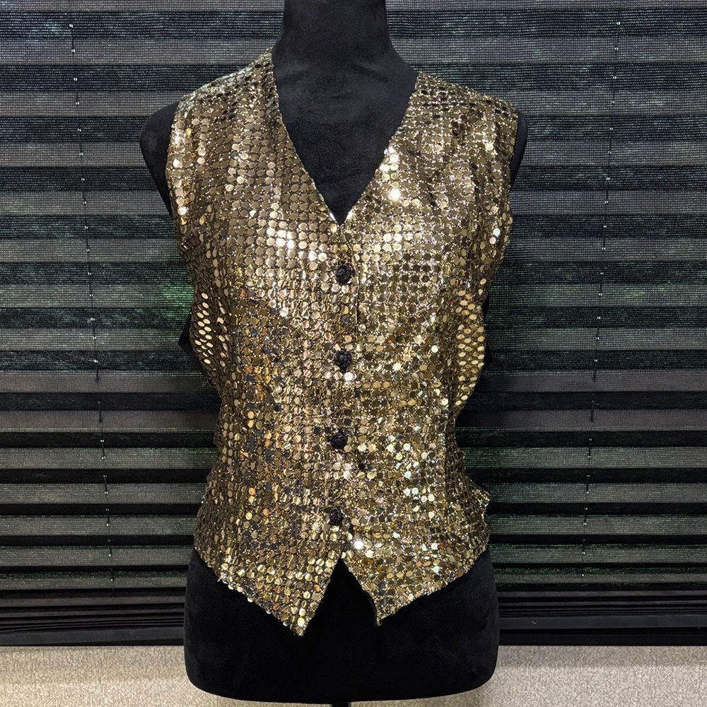 Vintage Jeri Marque Black w Gold‎ Sequins Beaded Flower Button NYE Vest WN MED